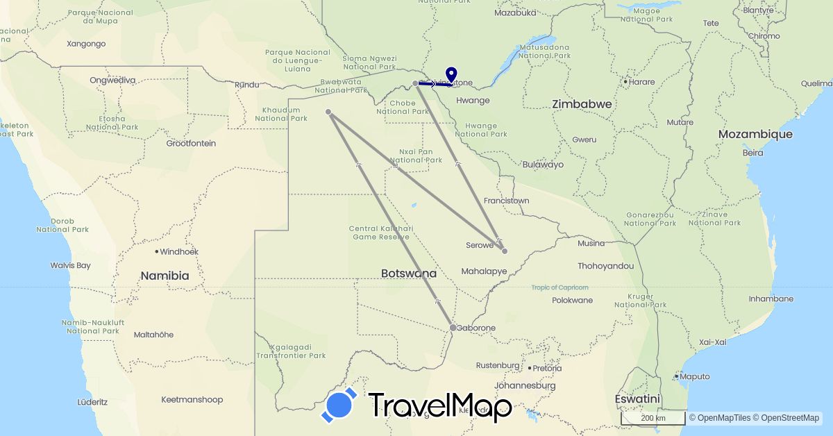 TravelMap itinerary: driving, plane in Botswana, Zambia (Africa)